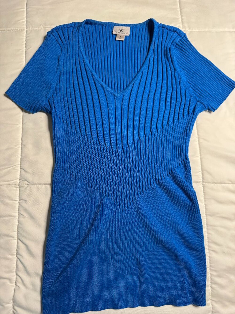 Worthington Silk Blend Ribbed Knit V-Neck Top Royal Blue Short Sleeve - S